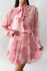 Riviere Floral Chiffon Set: Ρομαντικό Co-ord με Bow-Tie Πουκάμισο & Mini Φούστα