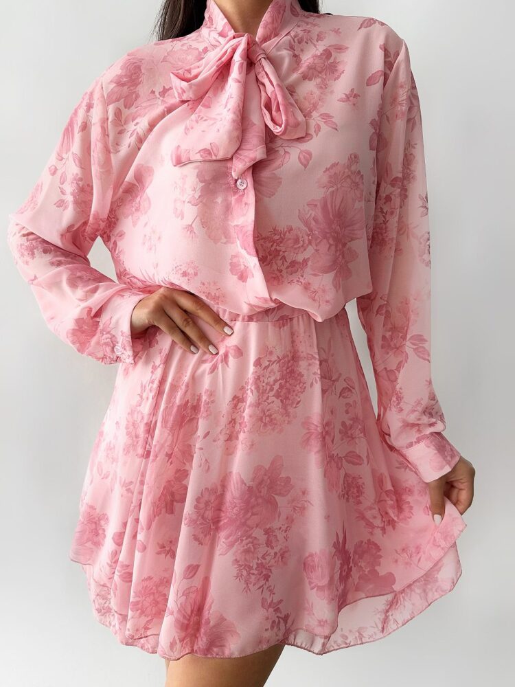Riviere Floral Chiffon Set: Ρομαντικό Co-ord με Bow-Tie Πουκάμισο & Mini Φούστα
