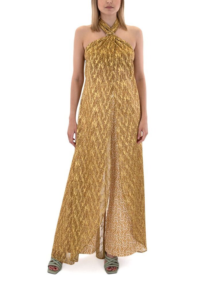 Project Soma" Metallic Gold Halter Overlay Jumpsuit