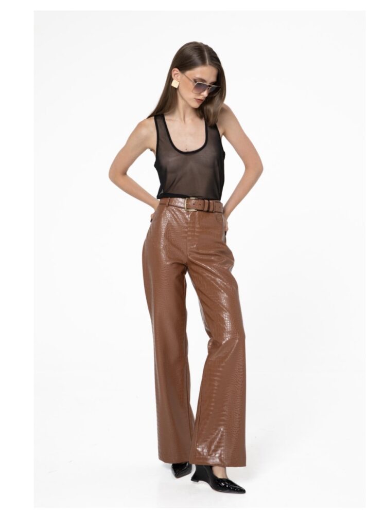 Vassia kostara καφέ Παντελόνι από Οικολογικό Δέρμα (Faux Leather)