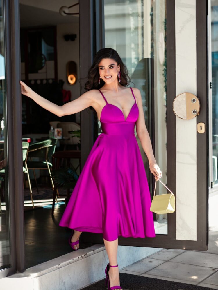 E.L.R. Eirini Lytra Routzeraki Midi Φόρεμα Σατινέ – Magenta Glamour