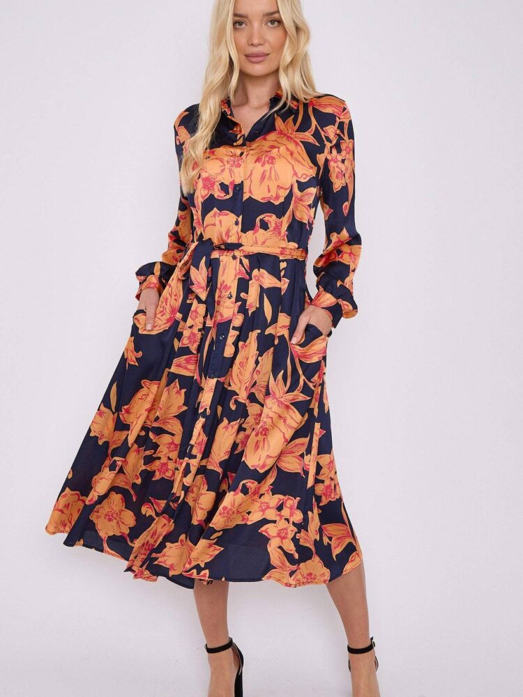 Orange Floral Navy Satin Belted Midi Shirt Dress