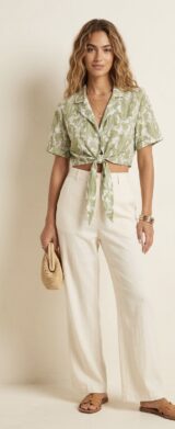 Vassia kostara Green Paisley Tie-Front Crop Top