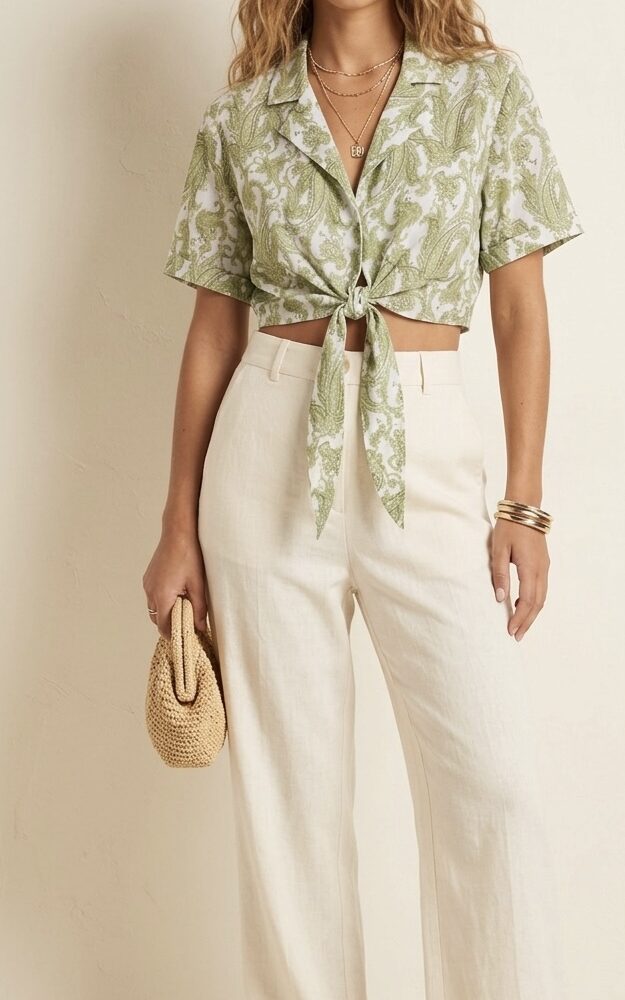 Vassia kostara Green Paisley Tie-Front Crop Top
