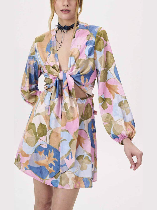 Project Soma Kailani Floral Cutout Mini Φόρεμα – Ροζ/Μπλε Εμπριμέ