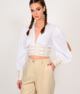 We coss Λευκή μακρυμάνικη cropped μπλούζα με V