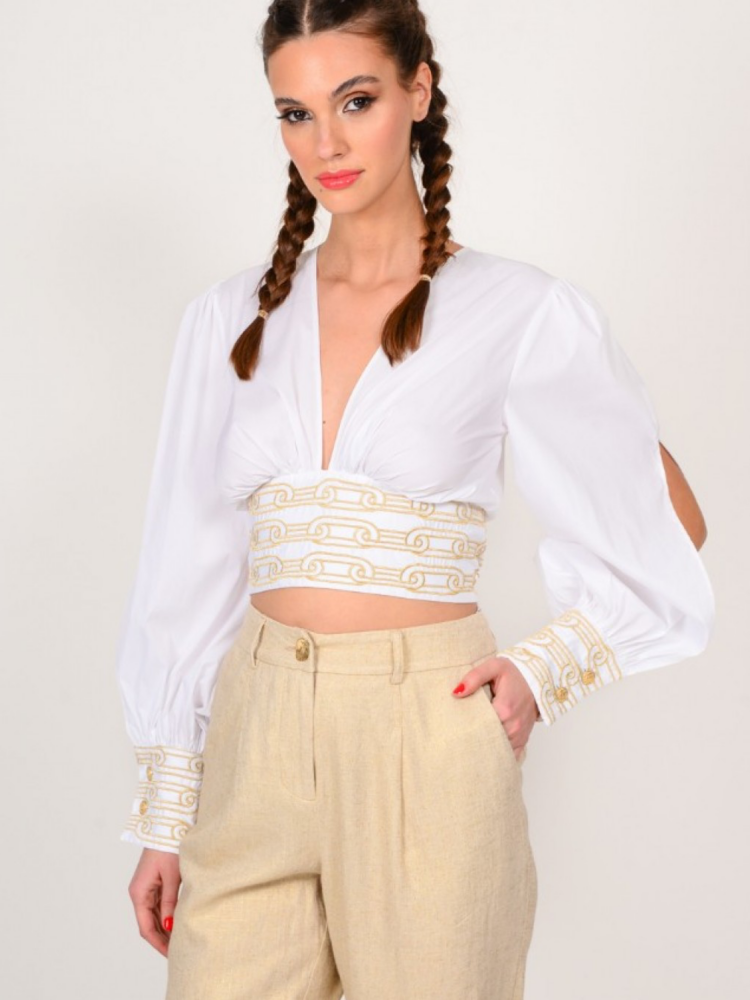 We coss Λευκή μακρυμάνικη cropped μπλούζα με V