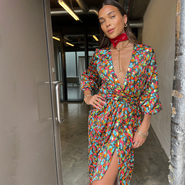 Never Fully Dressed Abstract Print Maxi Wrap Dress