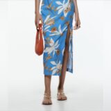 Zara Tropical Print Midi Φόρεμα με Cut-Outs & Λινή Ύφανση – Vibrant Blue