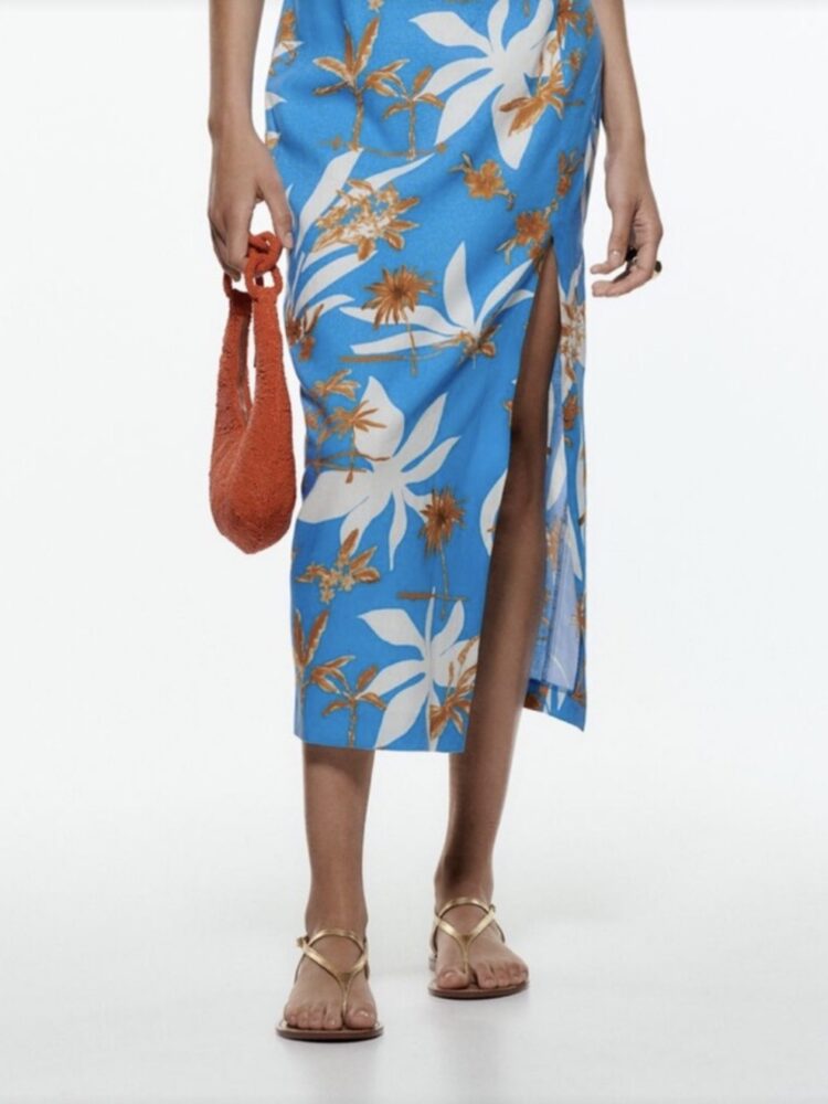 Zara Tropical Print Midi Φόρεμα με Cut-Outs & Λινή Ύφανση – Vibrant Blue