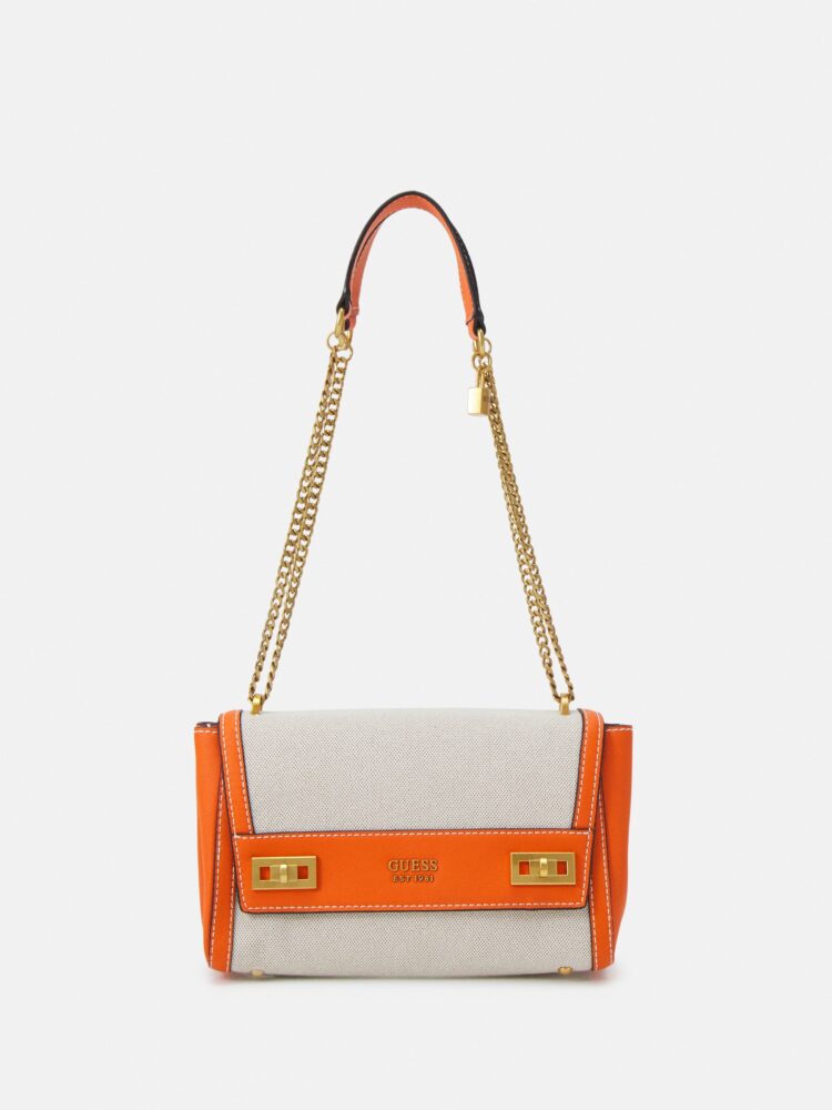 Τσάντα Ώμου Guess Katey Canvas Convertible Flap – Πορτοκαλί / Εκρού