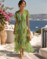 Vassia Kostara Φλοράλ Μίντι Φόρεμα με Βολάν – Lime & Blue