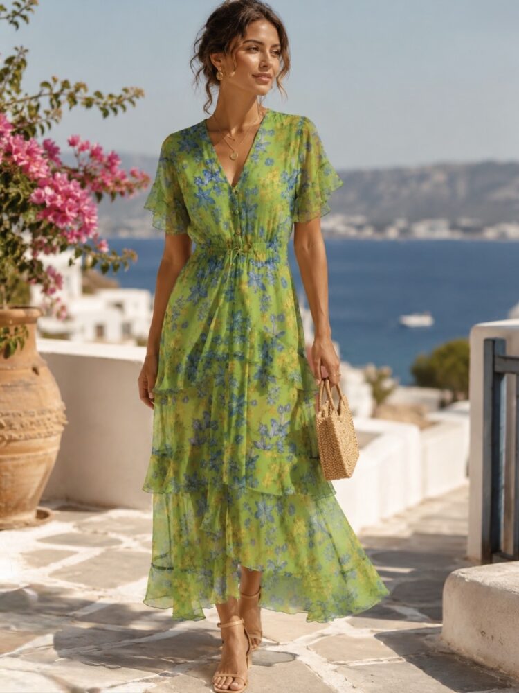 Vassia Kostara Φλοράλ Μίντι Φόρεμα με Βολάν – Lime & Blue
