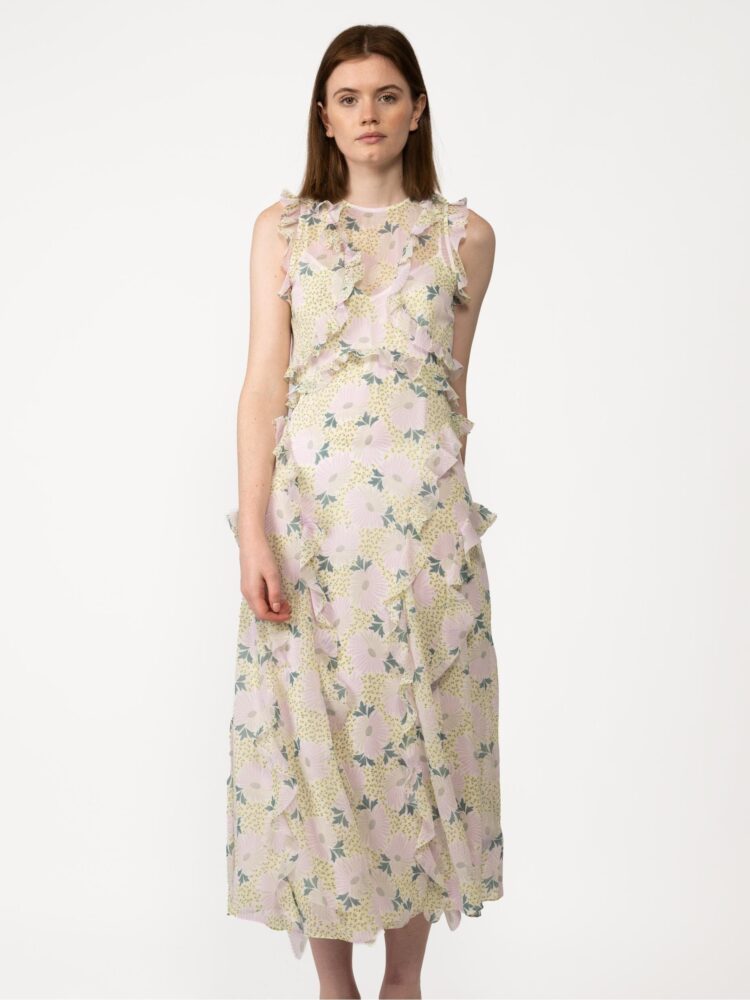 Ted Baker Calinia Γυναικείο Midi Φόρεμα με Βολάν και Floral Μοτίβο - Λιλά/Κίτρινο