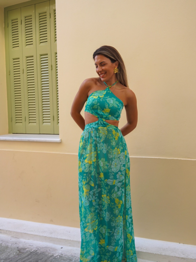 Ciel Concept Sifnos Γυναικείο Maxi Φόρεμα με Cut-Outs και Floral Μοτίβο - Τυρκουάζ/Mint